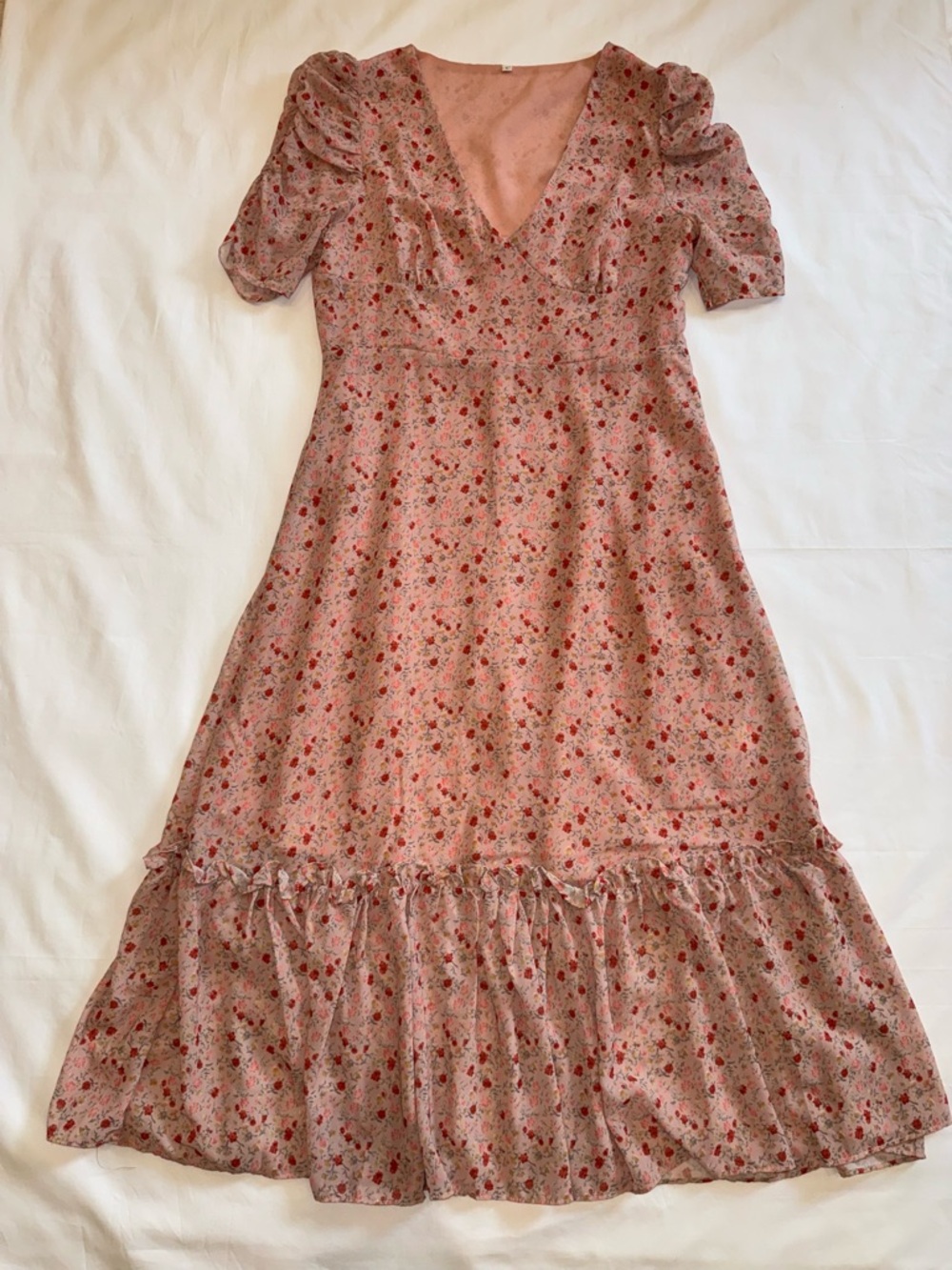 Floral Puff Sleeve Midi Dress Cottagecore Pink Ruffle Boho Spring L